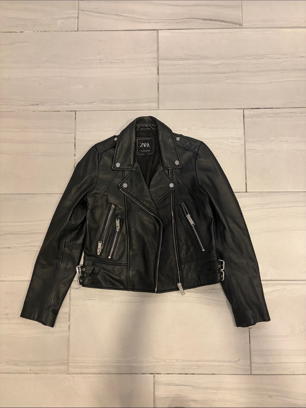 Zara Black Leather Biker Jacket with Zip Details